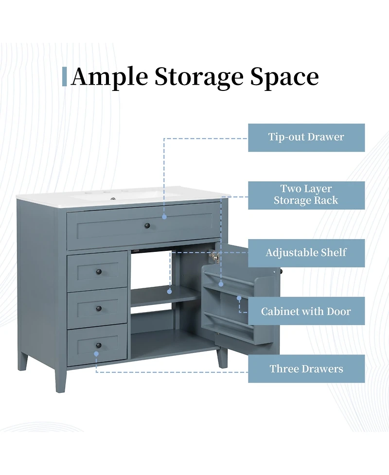 Casainc Bathroom Vanity with Sink 3 Drawers Adjustable Shelf Freestanding Storage Cabinet