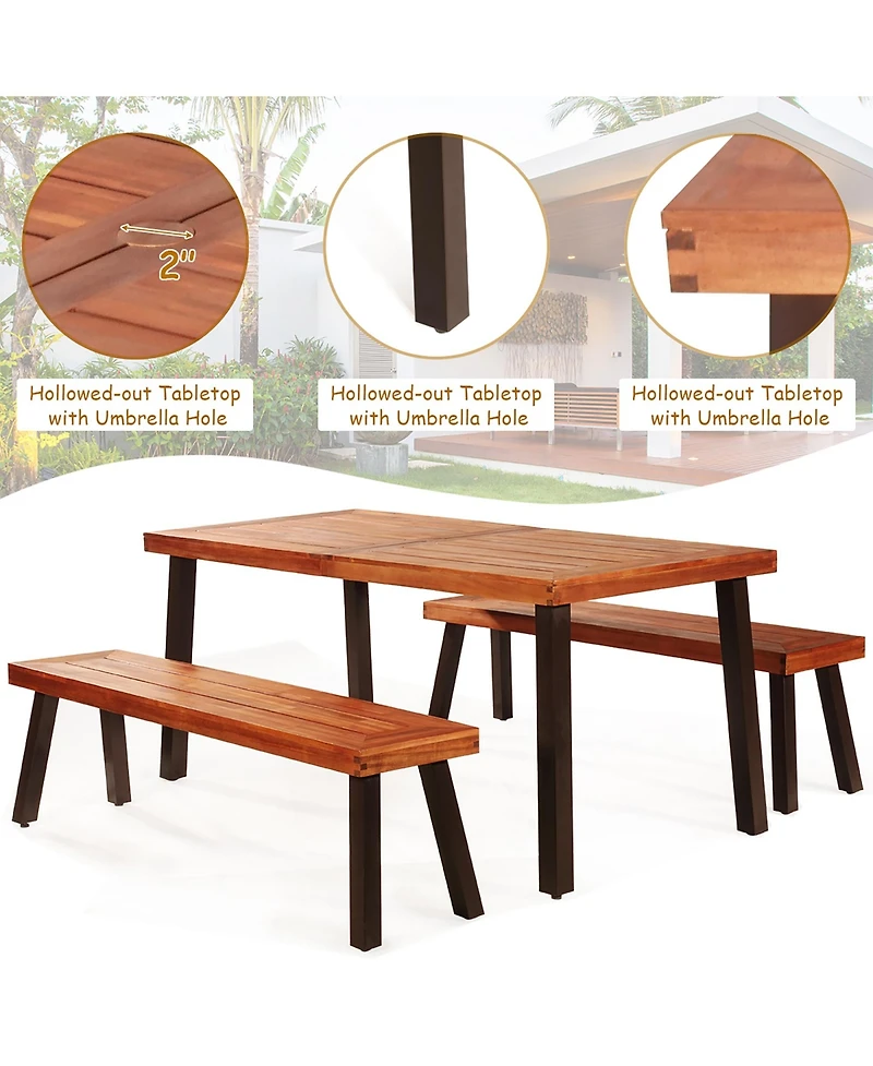 Costway 3 Pieces Picnic Table Set Acacia Wood Table Bench with Steel Legs Outdoor Patio