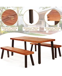 Costway 3 Pieces Picnic Table Set Acacia Wood Table Bench with Steel Legs Outdoor Patio