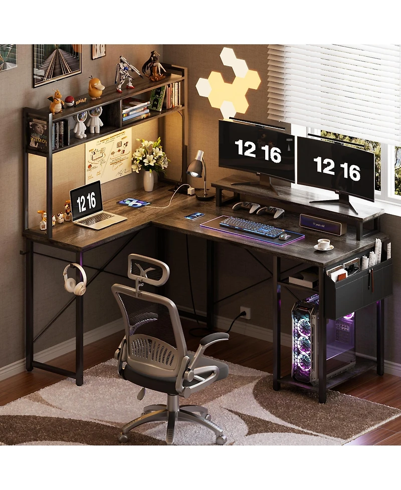 Aheaplus 49'' Small L Shaped Desk with Hutch, Reversible Computer Gaming Desk with Outlet and Led Strip