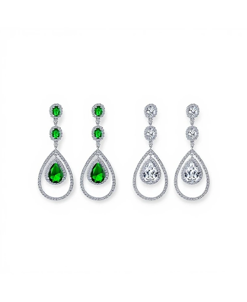 Bling Jewelry Set of 2 Art Deco Style Clear & Greeen Cubic Zirconia Double Halo Large Teardrop Cz Statement Dangle Chandelier Earrings