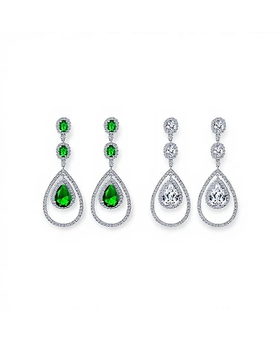 Bling Jewelry Set of 2 Art Deco Style Clear & Greeen Cubic Zirconia Double Halo Large Teardrop Cz Statement Dangle Chandelier Earrings