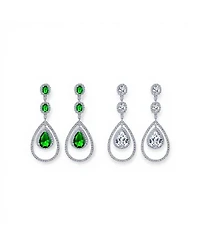 Bling Jewelry Set of 2 Art Deco Style Clear & Greeen Cubic Zirconia Double Halo Large Teardrop Cz Statement Dangle Chandelier Earrings
