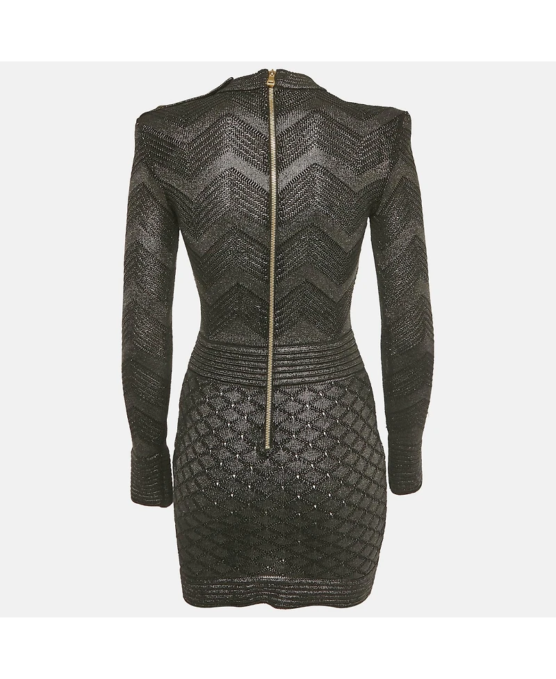 Pre-Owned Balmain Women's Black Lurex Patterned Knit Mock Neck Mini Dress