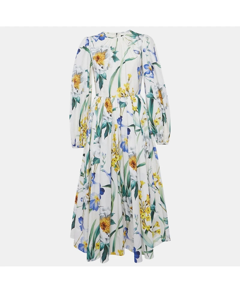 Pre-Owned Dolce & Gabbana Women's White Floral Print Cotton Midi Dress