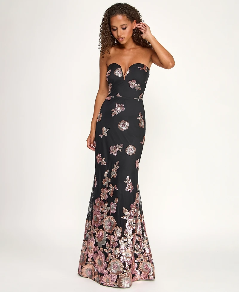 City Studios Juniors' Sequin Flower Long Slim Gown