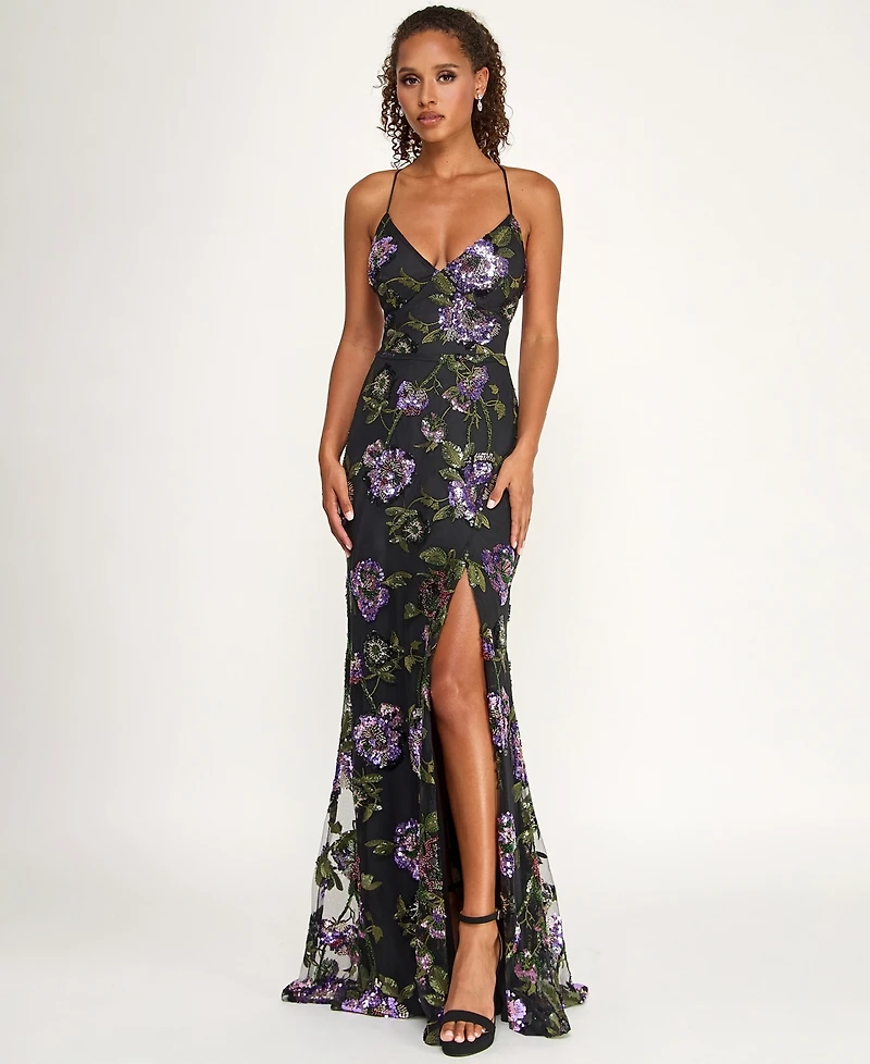 Say Yes Juniors' Floral Embroidery Sequin Applique Front Slit Gown