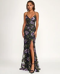Say Yes Juniors' Floral Embroidery Sequin Applique Front Slit Gown