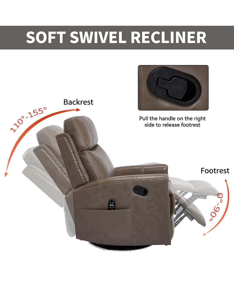 Casainc Genuine Leather Heat Massage Manual Recliner Chair with Rocker and Swivel