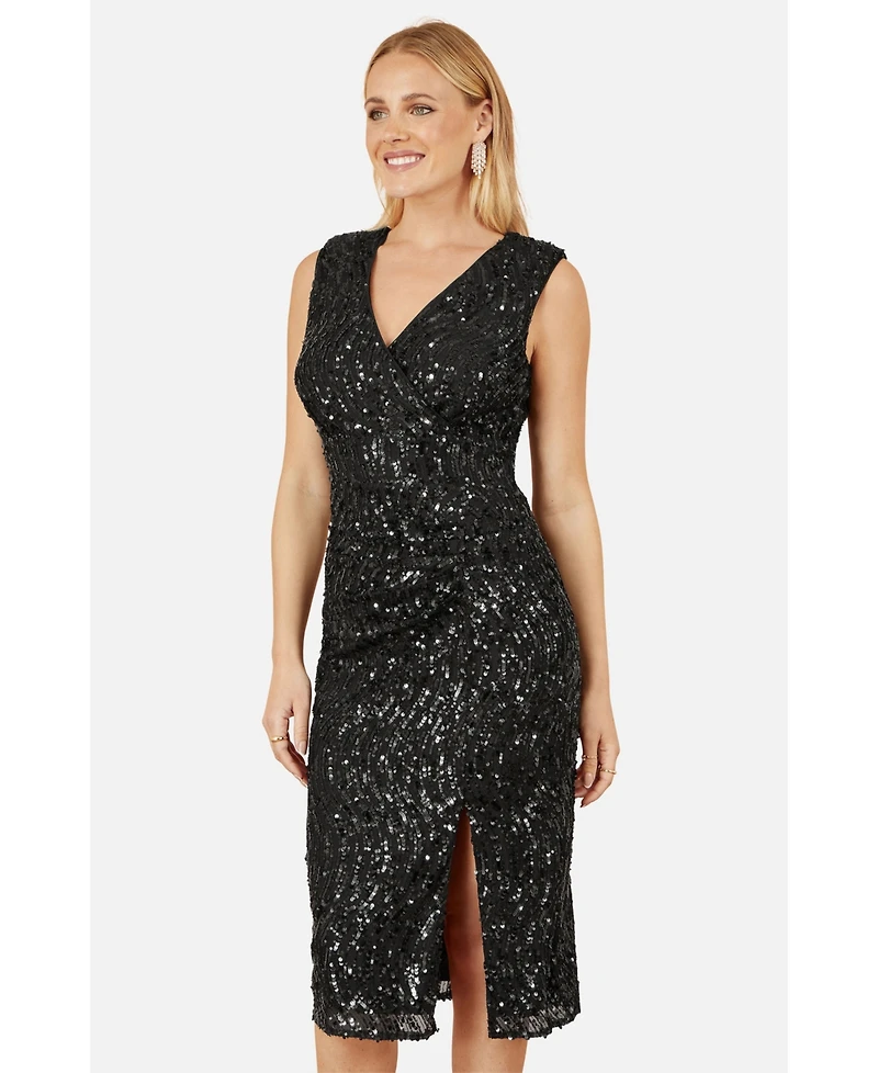 Yumi Women's Sequin Fitted Wrap Dress With Split Hem