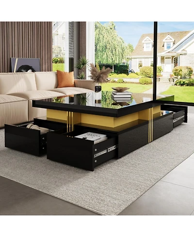 Streamdale Modern Glossy Square Storage Coffee Table with 4 Drawers, 43.3", Black