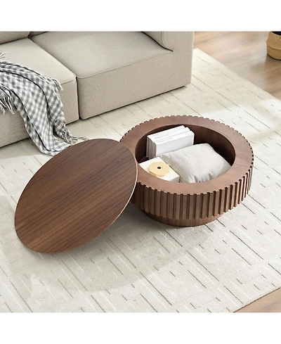 Streamdale 31.49" Round Coffee Table with Storage, Modern Walnut Pedestal Table