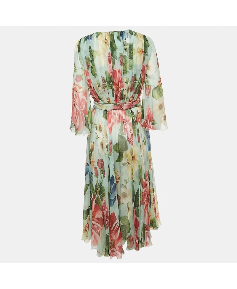 Pre-Owned Dolce & Gabbana Women's Green Floral Print Midi Wrap Dress