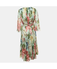 Pre-Owned Dolce & Gabbana Women's Green Floral Print Midi Wrap Dress
