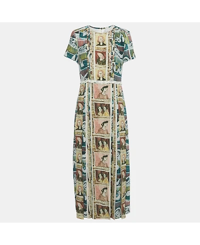 Pre-Owned Burberry Women's Multicolor Framed Heads Print Silk Lace Trim Maxi Dress