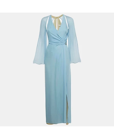 Pre-Owned Versace Women's Collection Blue Silk Drape Detail Maxi Dress