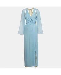 Pre-Owned Versace Women's Collection Blue Silk Drape Detail Maxi Dress