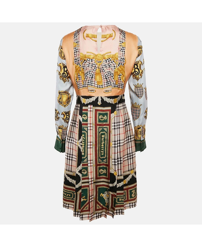 Pre-Owned Burberry Women's Multicolor Scarf Print Silk Pleated Long Sleeve Midi Dress
