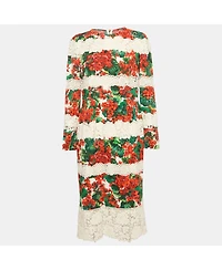Pre-Owned Dolce & Gabbana Women's Multicolor Floral Print Crepe Lace Panel Detail Midi Dress