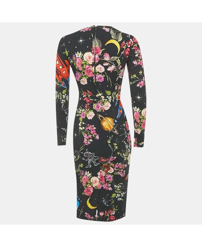 Pre-Owned Dolce & Gabbana Women's Black Printed Silk Midi Dress