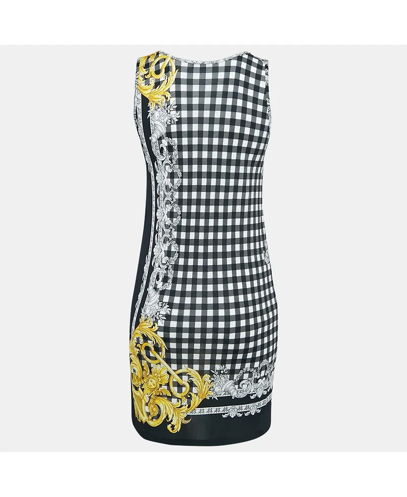 Pre-Owned Versace Women's Black Checks And Barocco Print Jersey Bodycon Dress