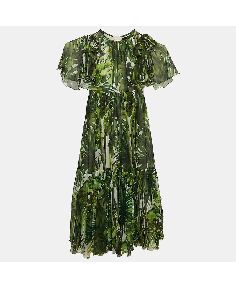 Pre-Owned Dolce & Gabbana Women's Green Tropical Print Silk Flounce Dress