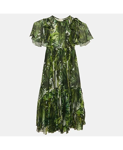 Pre-Owned Dolce & Gabbana Women's Green Tropical Print Silk Flounce Dress