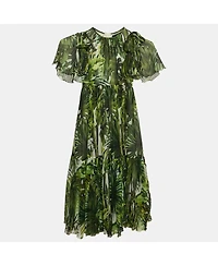 Pre-Owned Dolce & Gabbana Women's Green Tropical Print Silk Flounce Dress