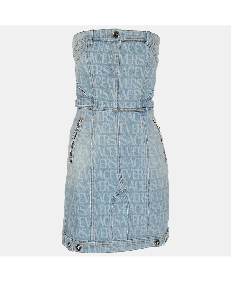 Pre-Owned Versace Women's Blue Logo Print Denim Strapless Mini Dress