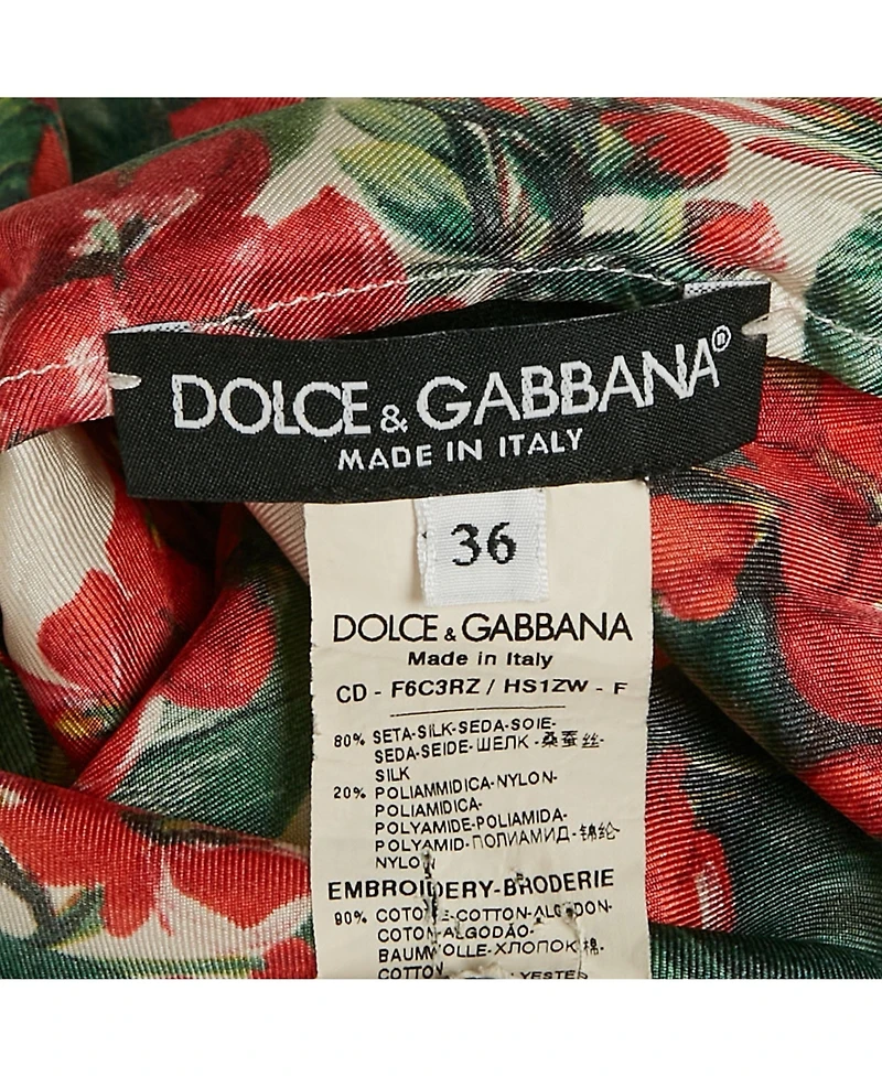 Pre-Owned Dolce & Gabbana Women's Red/multicolor Geranium Print Silk Blend Lace Trimmed Midi Dress