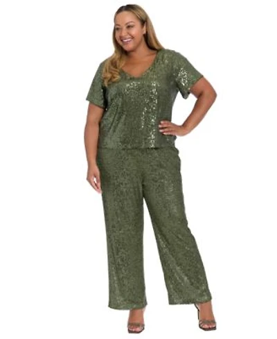 Muse Plus Size Cropped Sequin Short Sleeve T Shirt Pull On Pants