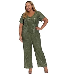 Muse Plus Size Cropped Sequin Short Sleeve T Shirt Pull On Pants