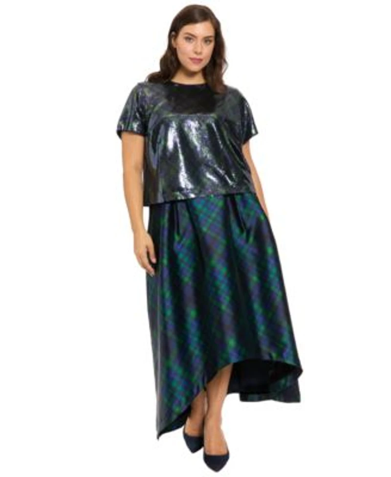 Muse Plus Size High Low Plaid Ball Gown Skirt Sequin Detail Jewel Neck Top