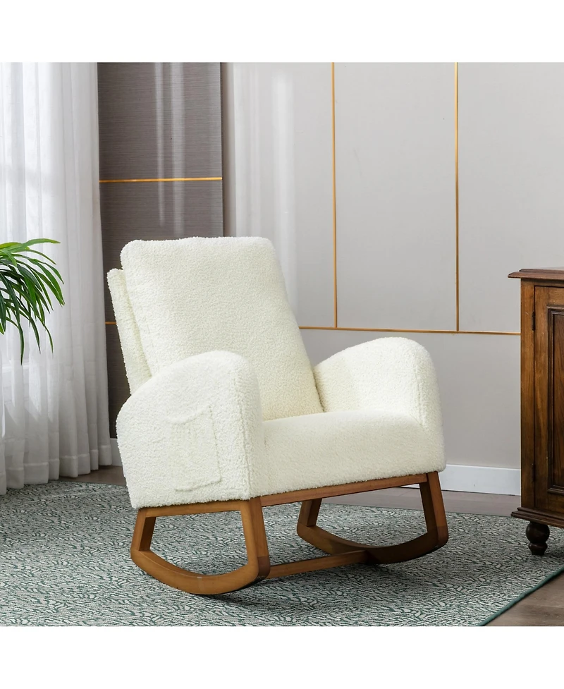 Flynama Beige Linen Rocking Recliner Chair – Modern Home Furniture with Wood Legs