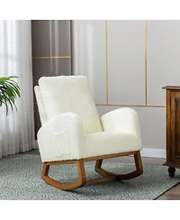 Flynama Beige Linen Rocking Recliner Chair – Modern Home Furniture with Wood Legs