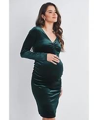 Hello Miz Maternity Long Sleeve V Neck Ruched Velvet Dress