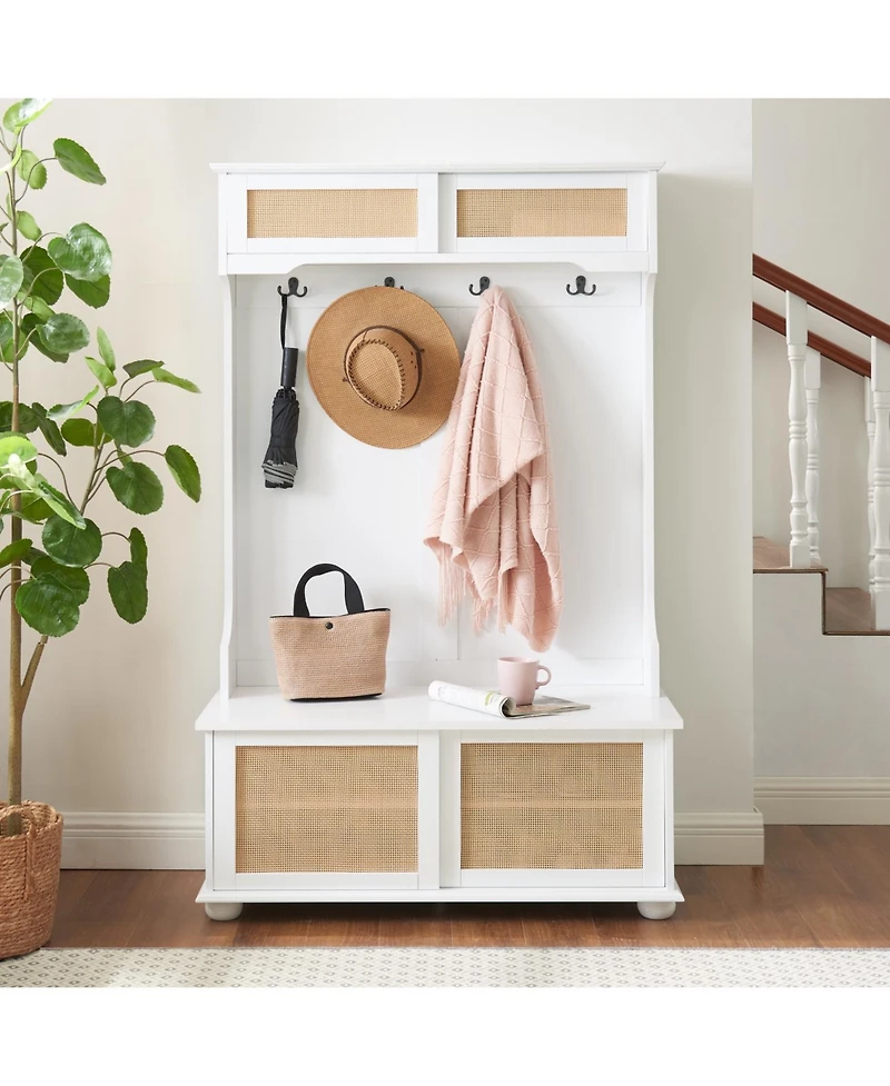 Streamdale Furniture Hall Tree Entryway Bench with Rattan Door and Storage (40.16" x 18.58" x 64.17")