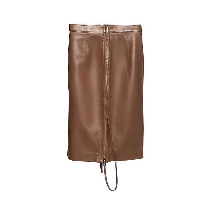 Pre-Owned Burberry Women's Brown Leather Double Zip Pencil Midi Skirt