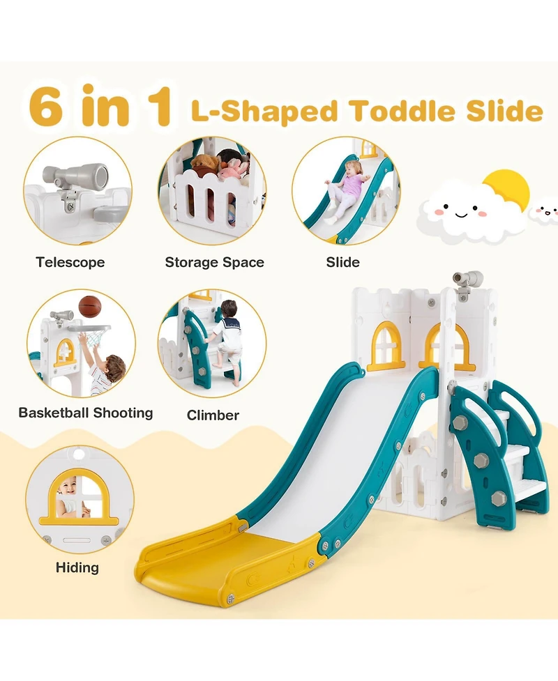 6 1 L-shaped Toddle Slide for Toddlers Age 1-3 Baby with Basketball Hoop