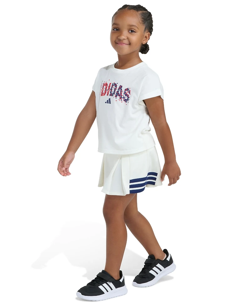 adidas Girls' 2T-6X Crewneck T-Shirt and Pleated Skort, 2-Piece Set