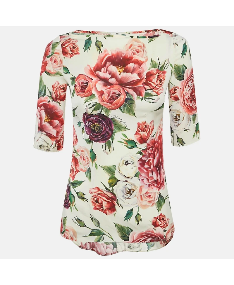 Pre-Owned Dolce & Gabbana Women's White Floral Printed Silk Satin Top