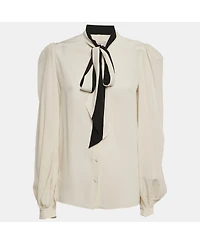 Pre-Owned Givenchy Women's Off- Silk Chiffon Contrast Neck Tie Detail Shirt