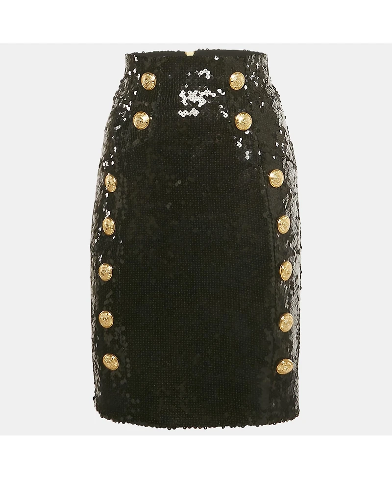 Pre-Owned Balmain Women's Black Sequin Button Detail Mini Skirt
