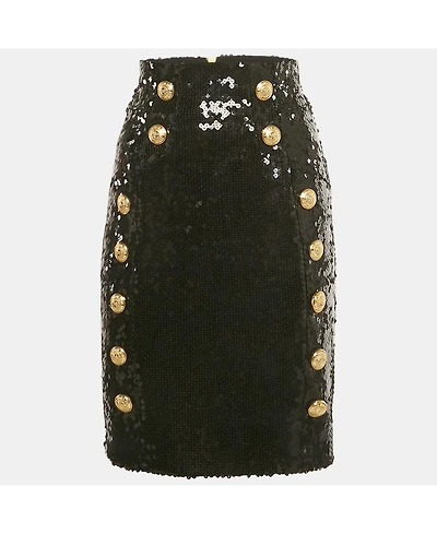 Pre-Owned Balmain Women's Black Sequin Button Detail Mini Skirt