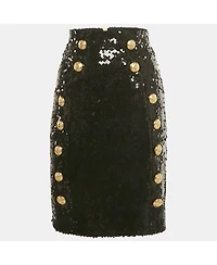 Pre-Owned Balmain Women's Black Sequin Button Detail Mini Skirt