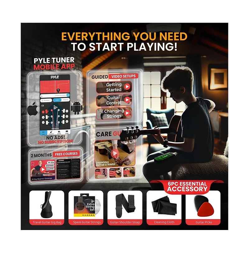 Pyle 41" Full-Size Acoustic Guitar Kit, Cutaway Body with Digital Tuner, and Accessory Kit, (Sunburst Teardrop