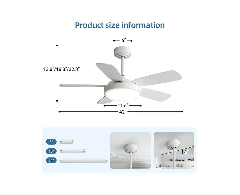 Sofucor 42-inch Modern White 5-Blade Ceiling Fan with Light and Remote Control
