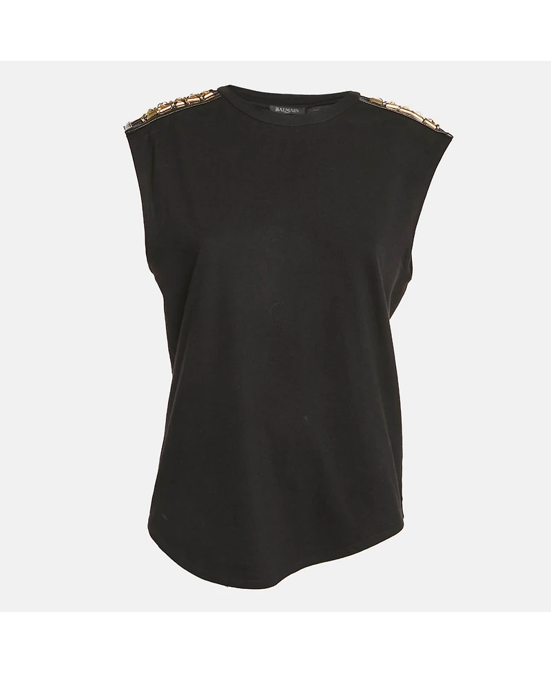 Pre-Owned Balmain Women's Black Leather And Brass Shoulder Embellished Jersey T-Shirt