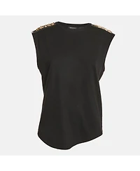 Pre-Owned Balmain Women's Black Leather And Brass Shoulder Embellished Jersey T-Shirt