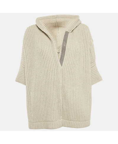Pre-Owned Brunello Cucinelli Women's Grey Cashmere Rib Monile Hooded Cardigan